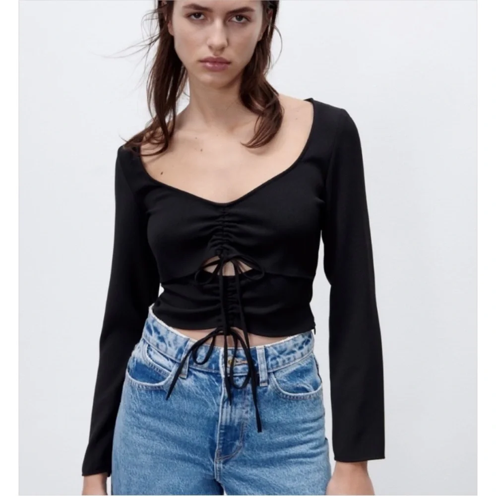 Zara Ruched Cut Out Long Sleeve Top in Black